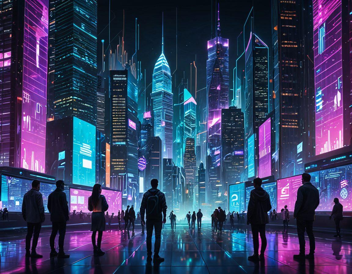A futuristic cityscape with towering skyscrapers formed by digital graphs and charts, surrounded by neon-lit holograms displaying various banking apps and currency symbols. In the foreground, a diverse group of people interacts seamlessly with digital interfaces on tablets and smartphones, all connected through a web of data streams. super-realistic. vibrant colors. cyberpunk.