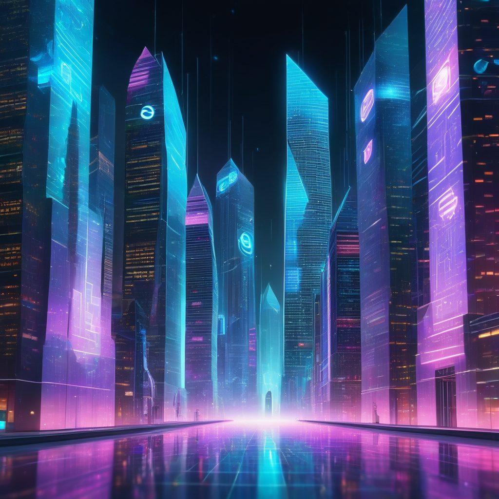 A futuristic cityscape with towering skyscrapers made of digital code, holographic currency symbols hovering in the air, and a secure vault surrounded by cybersecurity shields and digital locks. Render cyber bankers using virtual reality headsets analyzing holograms of financial data. super-realistic. vibrant colors. 3D.